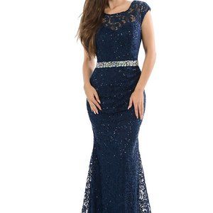 SWEETHEART SEQUINED SHEER LACE CAP SLEEVE RUCHED WAIST MERMAID WITH CRYSTAL BEAD